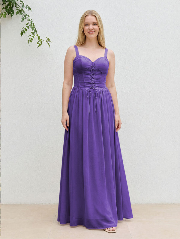 Chiffon A Line Spaghetti Straps Maxi Bridesmaid Dresses with Back Tie