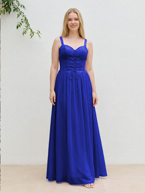 Chiffon A Line Spaghetti Straps Maxi Bridesmaid Dresses with Back Tie