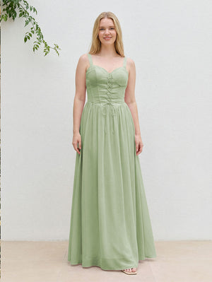 Chiffon A Line Spaghetti Straps Maxi Bridesmaid Dresses with Back Tie