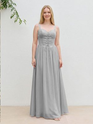 Chiffon A Line Spaghetti Straps Maxi Bridesmaid Dresses with Back Tie