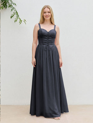 Chiffon A Line Spaghetti Straps Maxi Bridesmaid Dresses with Back Tie