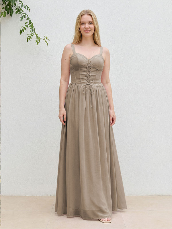 Chiffon A Line Spaghetti Straps Maxi Bridesmaid Dresses with Back Tie