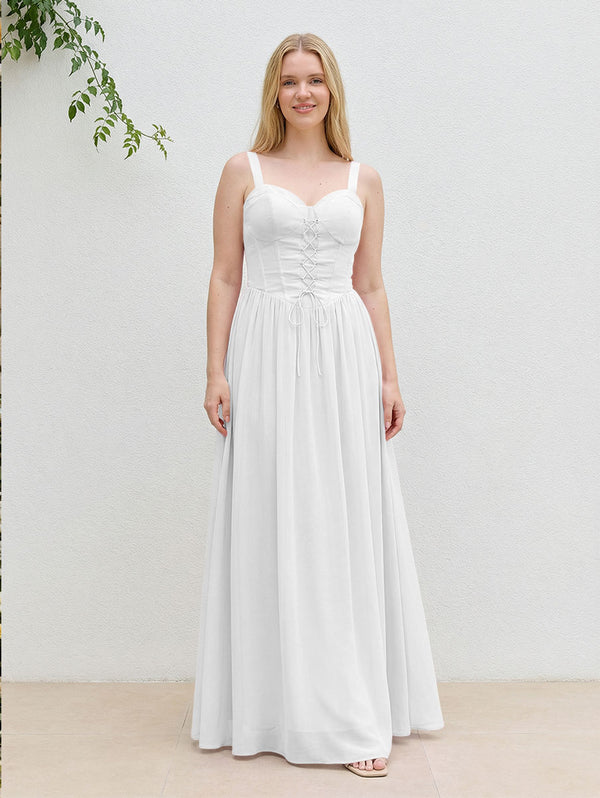 Chiffon A Line Spaghetti Straps Maxi Bridesmaid Dresses with Back Tie