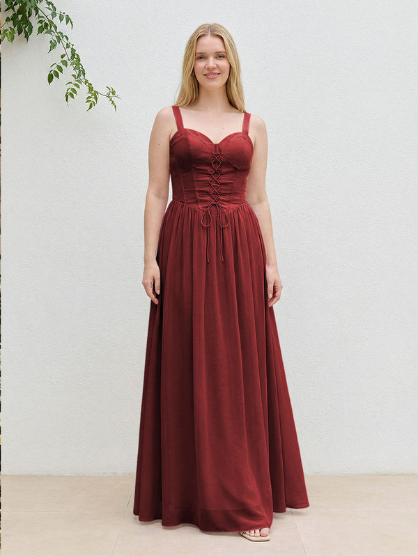 Chiffon A Line Spaghetti Straps Maxi Bridesmaid Dresses with Back Tie