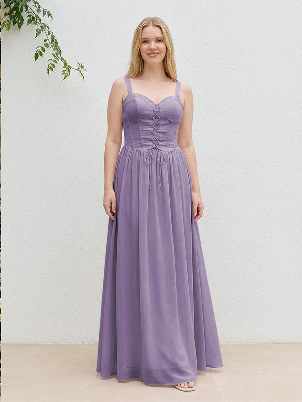 Chiffon A Line Spaghetti Straps Maxi Bridesmaid Dresses with Back Tie