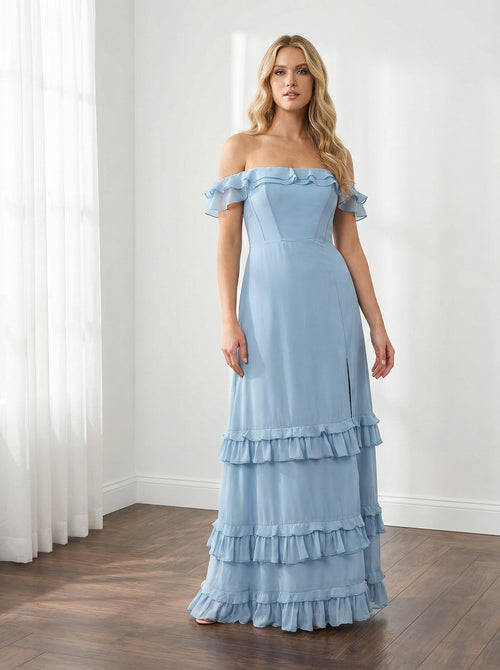 Chiffon Ruffles Off Shoulder Maxi Bridesmaid Dresses with Slit
