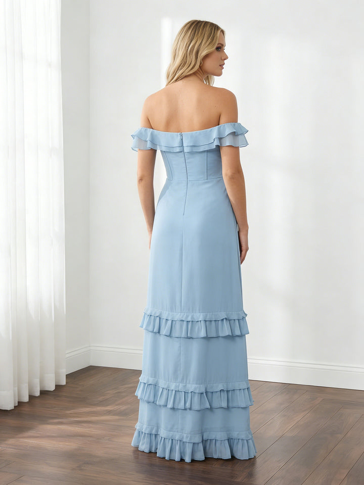 Chiffon Ruffles Off Shoulder Maxi Bridesmaid Dresses with Slit