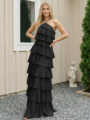 Chiffon Halter Tiered Maxi Long Bridesmaid Dresses with Backless Design