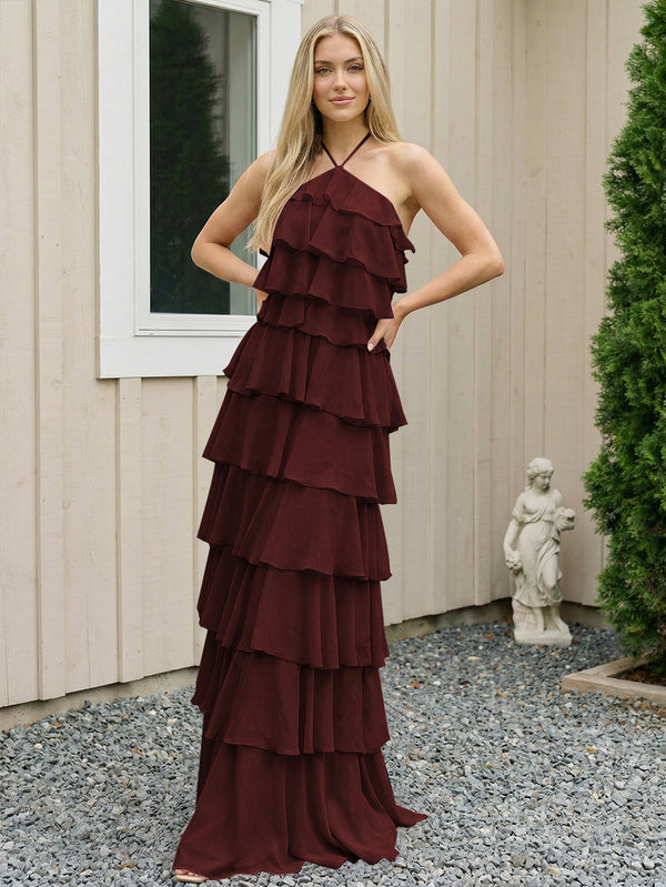 Chiffon Halter Tiered Maxi Long Bridesmaid Dresses with Backless Design