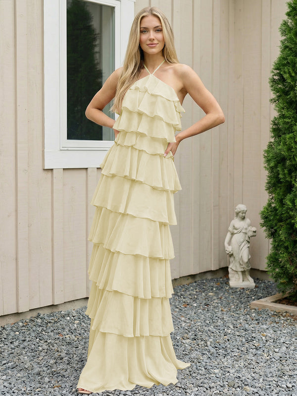 Chiffon Halter Tiered Maxi Long Bridesmaid Dresses with Backless Design