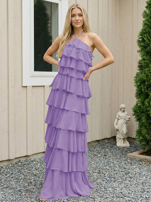 Chiffon Halter Tiered Maxi Long Bridesmaid Dresses with Backless Design