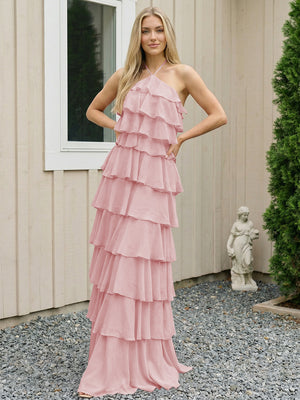 Chiffon Halter Tiered Maxi Long Bridesmaid Dresses with Backless Design