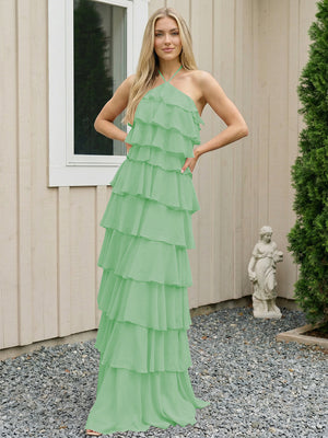 Chiffon Halter Tiered Maxi Long Bridesmaid Dresses with Backless Design