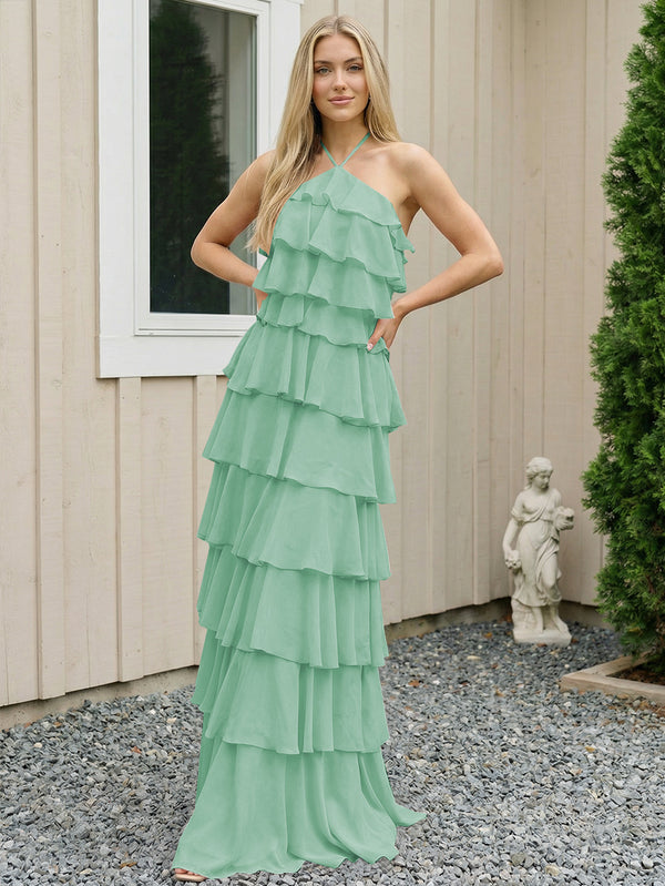 Chiffon Halter Tiered Maxi Long Bridesmaid Dresses with Backless Design
