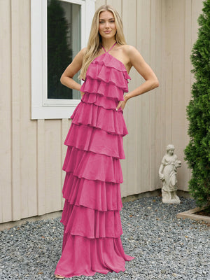 Chiffon Halter Tiered Maxi Long Bridesmaid Dresses with Backless Design