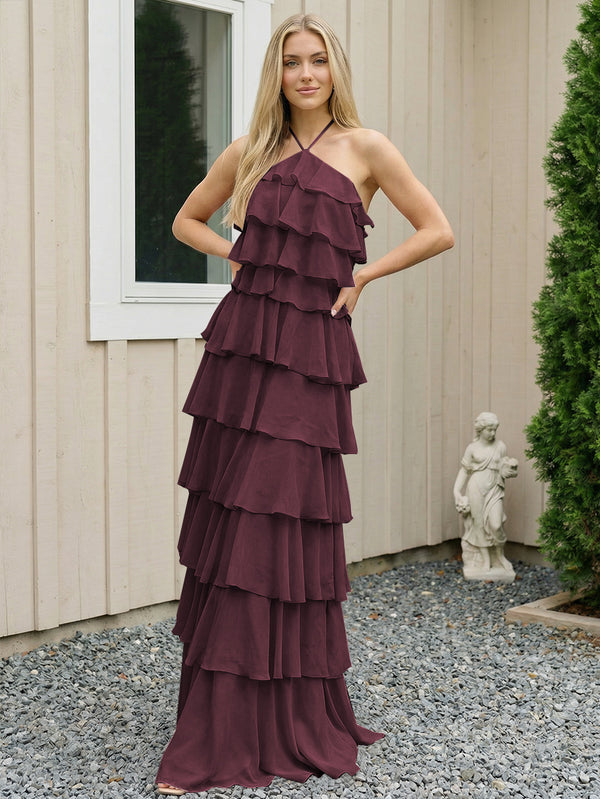 Chiffon Halter Tiered Maxi Long Bridesmaid Dresses with Backless Design