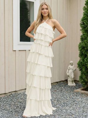 Chiffon Halter Tiered Maxi Long Bridesmaid Dresses with Backless Design