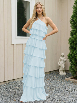 Chiffon Halter Tiered Maxi Long Bridesmaid Dresses with Backless Design