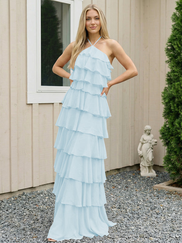 Chiffon Halter Tiered Maxi Long Bridesmaid Dresses with Backless Design