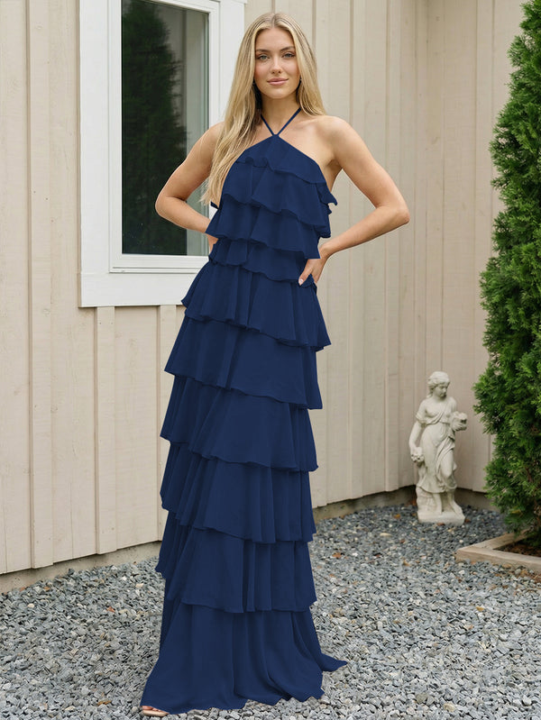 Chiffon Halter Tiered Maxi Long Bridesmaid Dresses with Backless Design