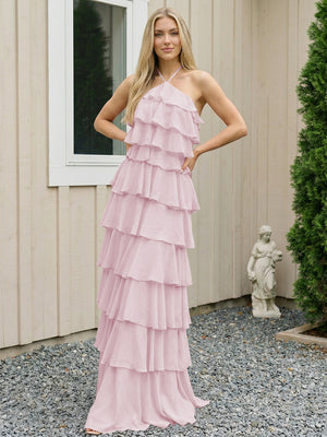 Chiffon Halter Tiered Maxi Long Bridesmaid Dresses with Backless Design