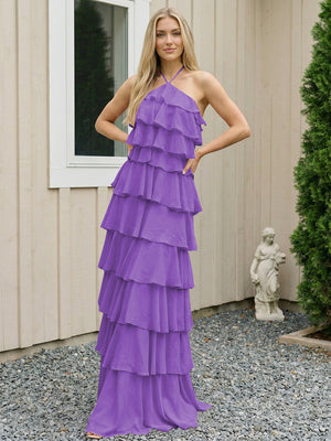 Chiffon Halter Tiered Maxi Long Bridesmaid Dresses with Backless Design