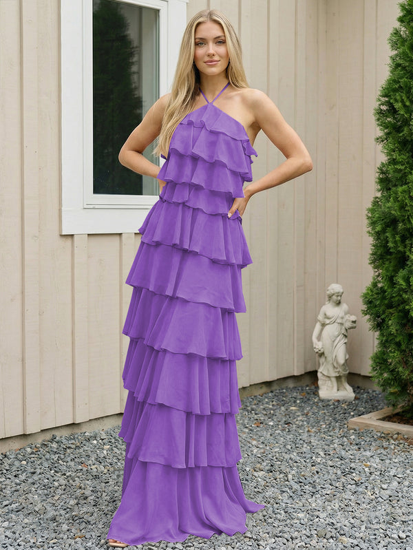 Chiffon Halter Tiered Maxi Long Bridesmaid Dresses with Backless Design