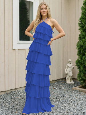 Chiffon Halter Tiered Maxi Long Bridesmaid Dresses with Backless Design