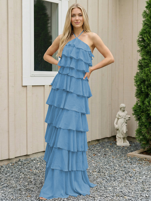 Chiffon Halter Tiered Maxi Long Bridesmaid Dresses with Backless Design