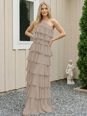 Chiffon Halter Tiered Maxi Long Bridesmaid Dresses with Backless Design