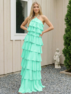 Chiffon Halter Tiered Maxi Long Bridesmaid Dresses with Backless Design