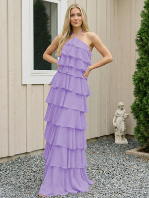 Chiffon Halter Tiered Maxi Long Bridesmaid Dresses with Backless Design