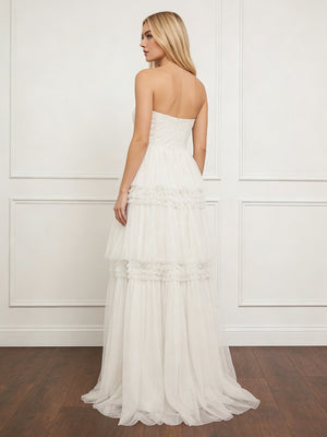 Tulle Strapless Tiered Maxi Long Bridesmaid Dresses with Slit