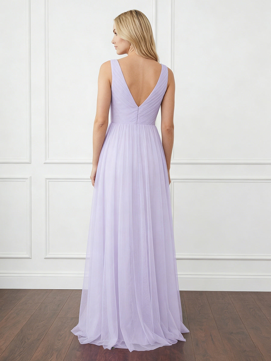Tulle V Neck Maxi Long Bridesmaid Dresses with Backless Design