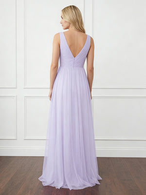 Tulle V Neck Maxi Long Bridesmaid Dresses with Backless Design