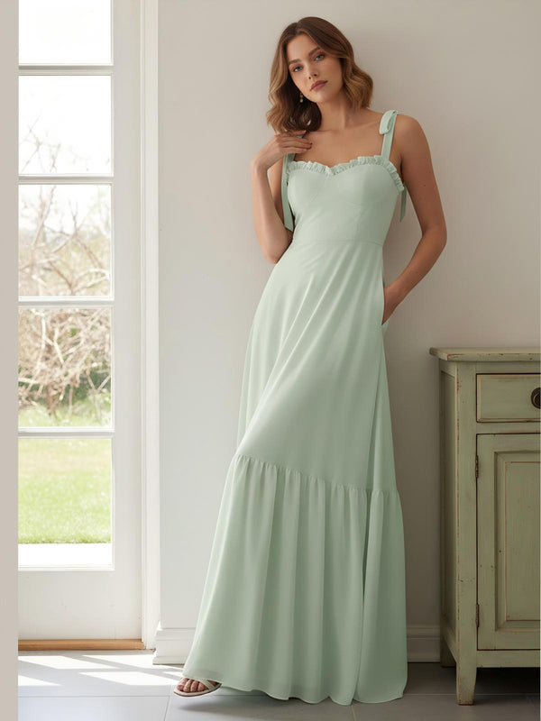 Chiffon Spaghetti Straps Sweetheart Sleeveless Bridesmaid Dresses