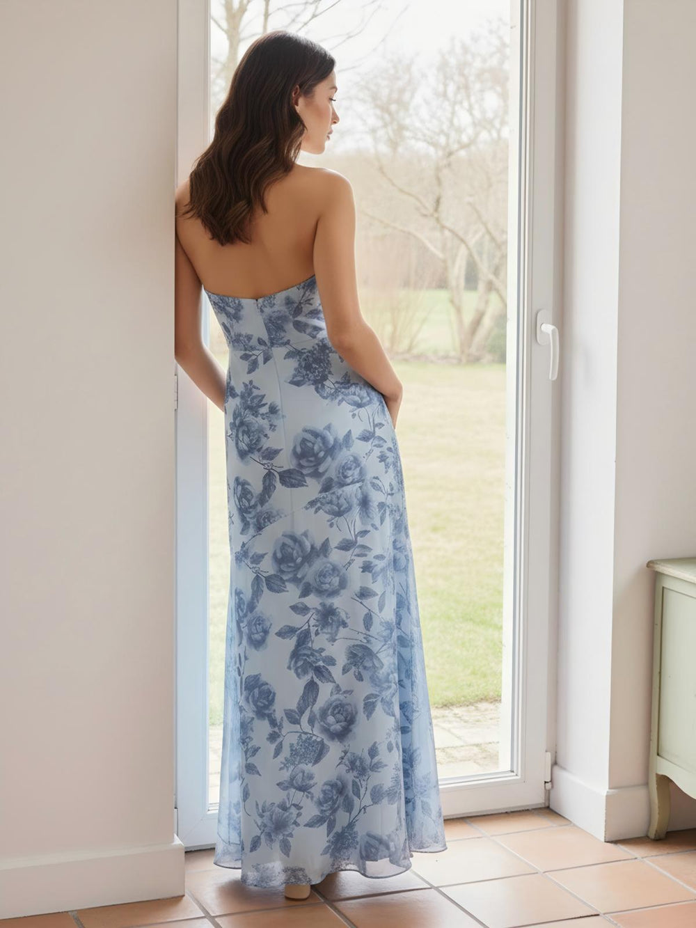 Floral Print Sheath Halter Sleeveless Bridesmaid Dresses