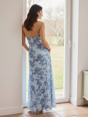 Floral Print Sheath Halter Sleeveless Bridesmaid Dresses