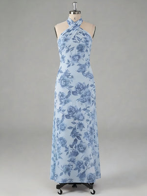 Floral Print Sheath Halter Sleeveless Formal Dresses