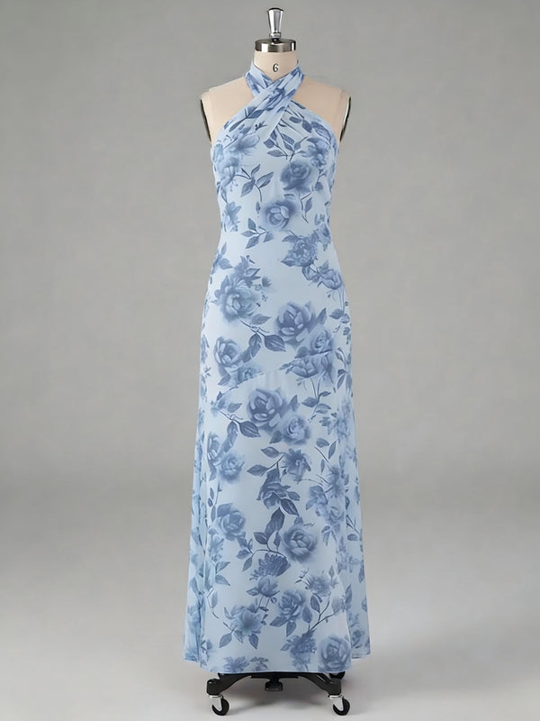 Floral Print Sheath Halter Sleeveless Formal Dresses