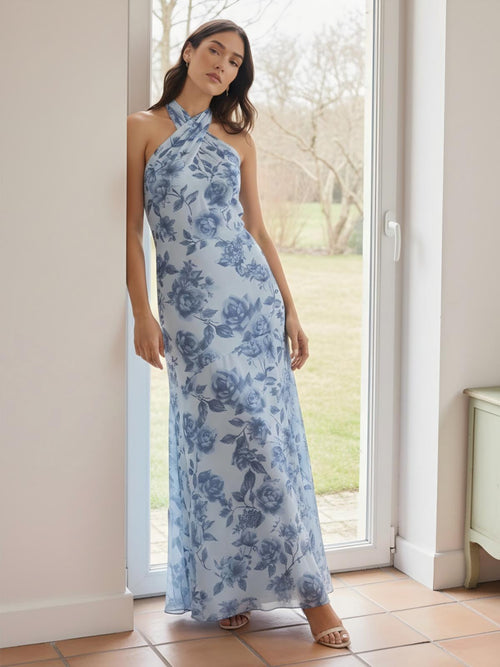 Floral Print Sheath Halter Sleeveless Formal Dresses