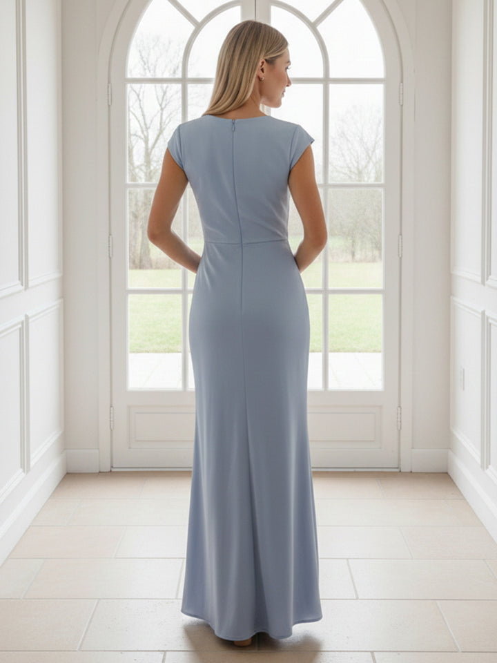 V Neck Short Sleeves Pleated Satin Sheath Formal Dresses