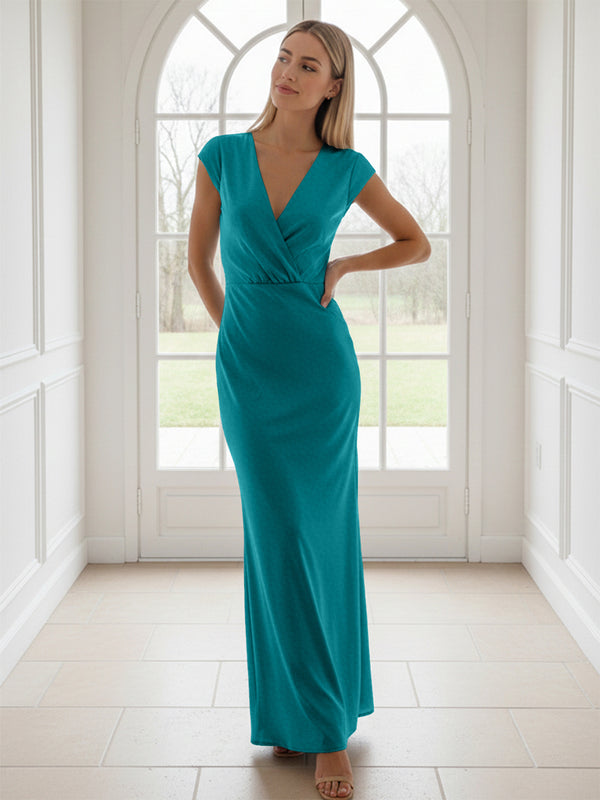V Neck Short Sleeves Pleated Satin Sheath Bridesmaid Dresses