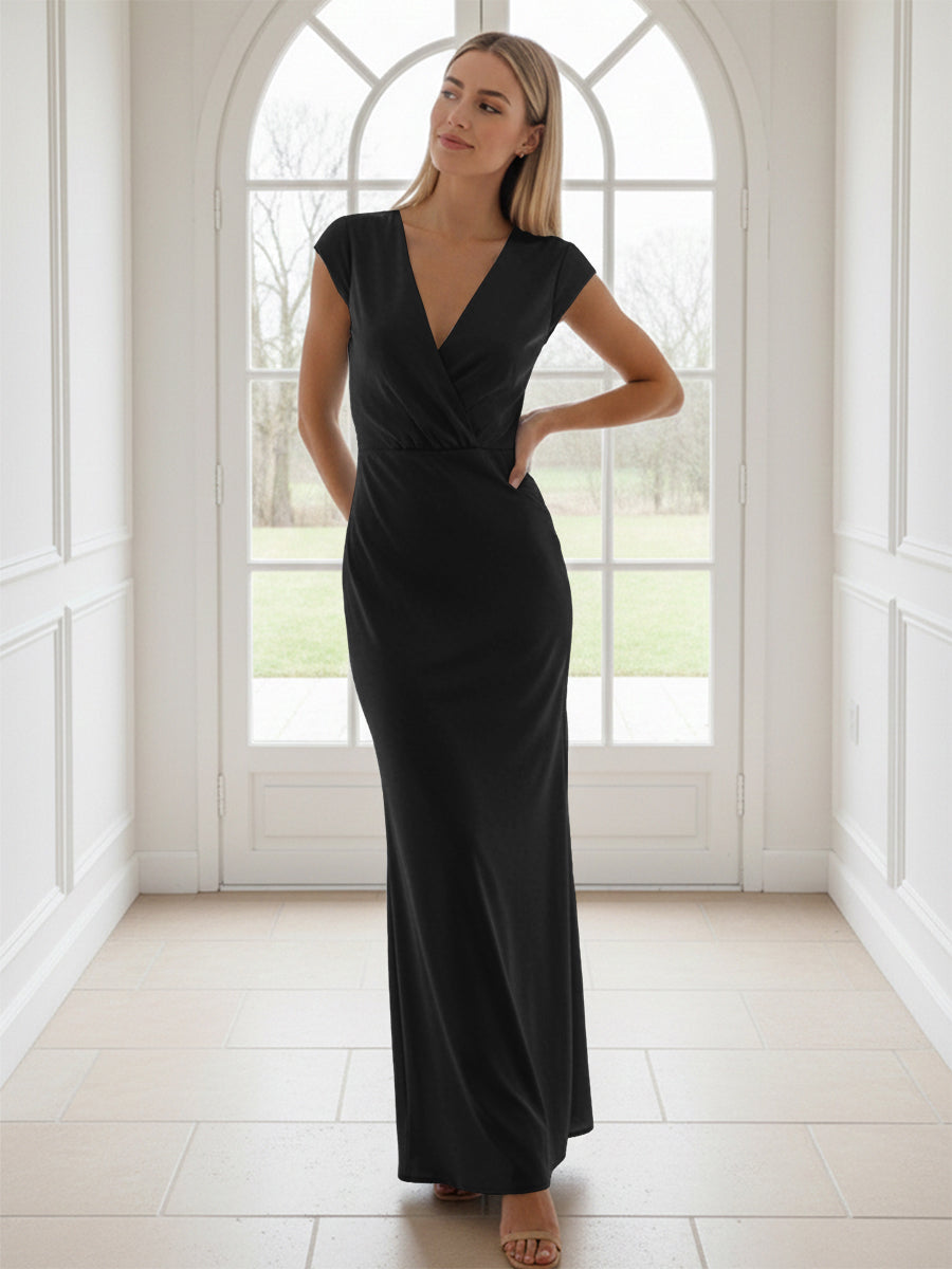 V Neck Short Sleeves Pleated Satin Sheath Formal Dresses