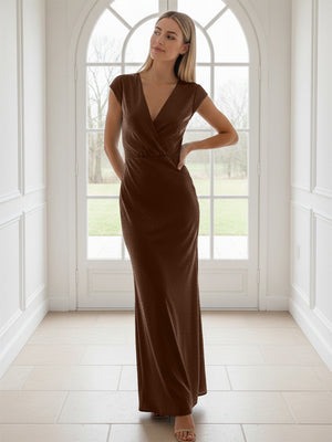 V Neck Short Sleeves Pleated Satin Sheath Bridesmaid Dresses