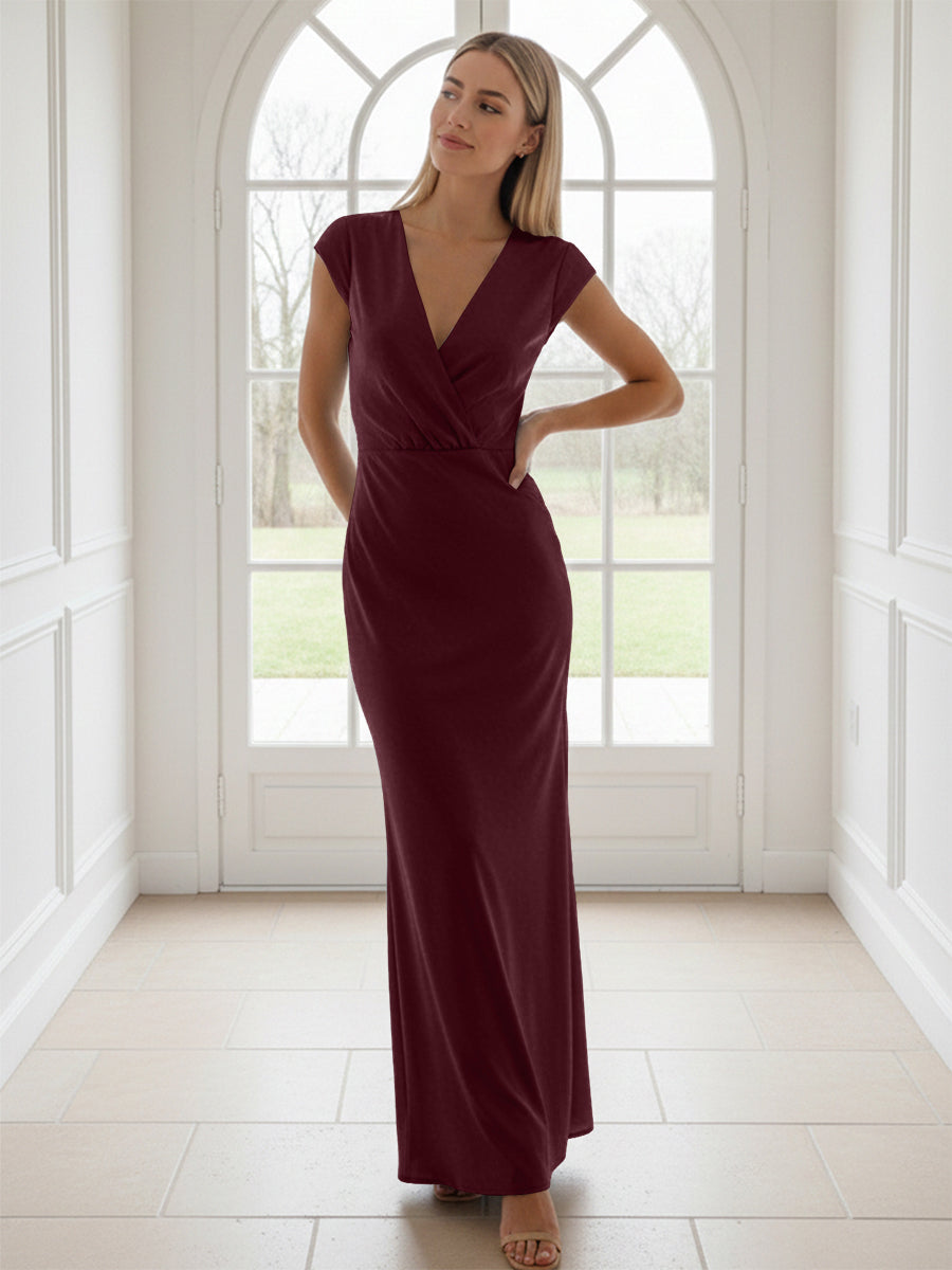 V Neck Short Sleeves Pleated Satin Sheath Formal Dresses