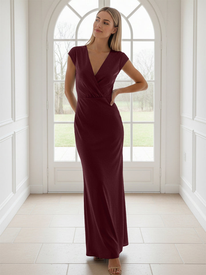V Neck Short Sleeves Pleated Satin Sheath Formal Dresses