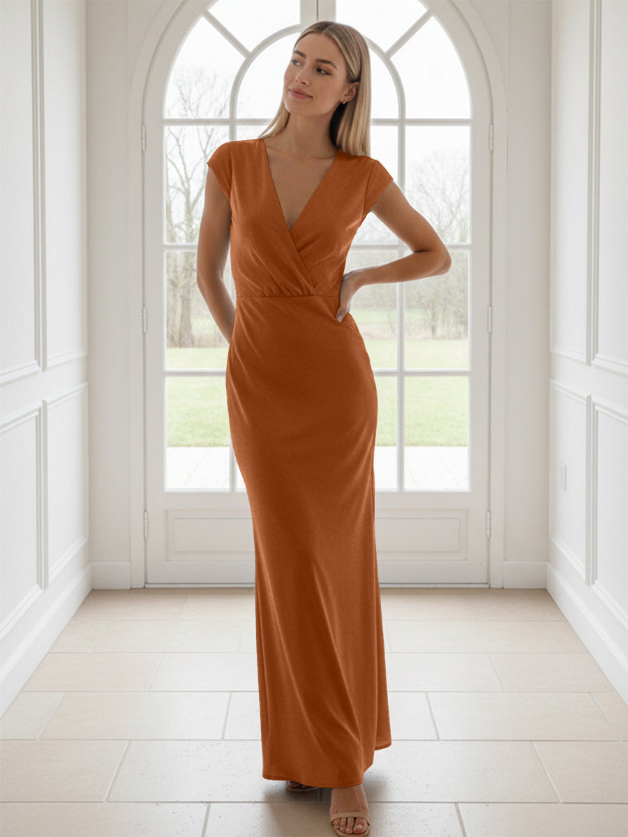 V Neck Short Sleeves Pleated Satin Sheath Formal Dresses