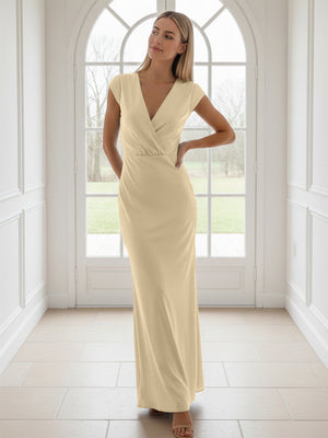 V Neck Short Sleeves Pleated Satin Sheath Bridesmaid Dresses