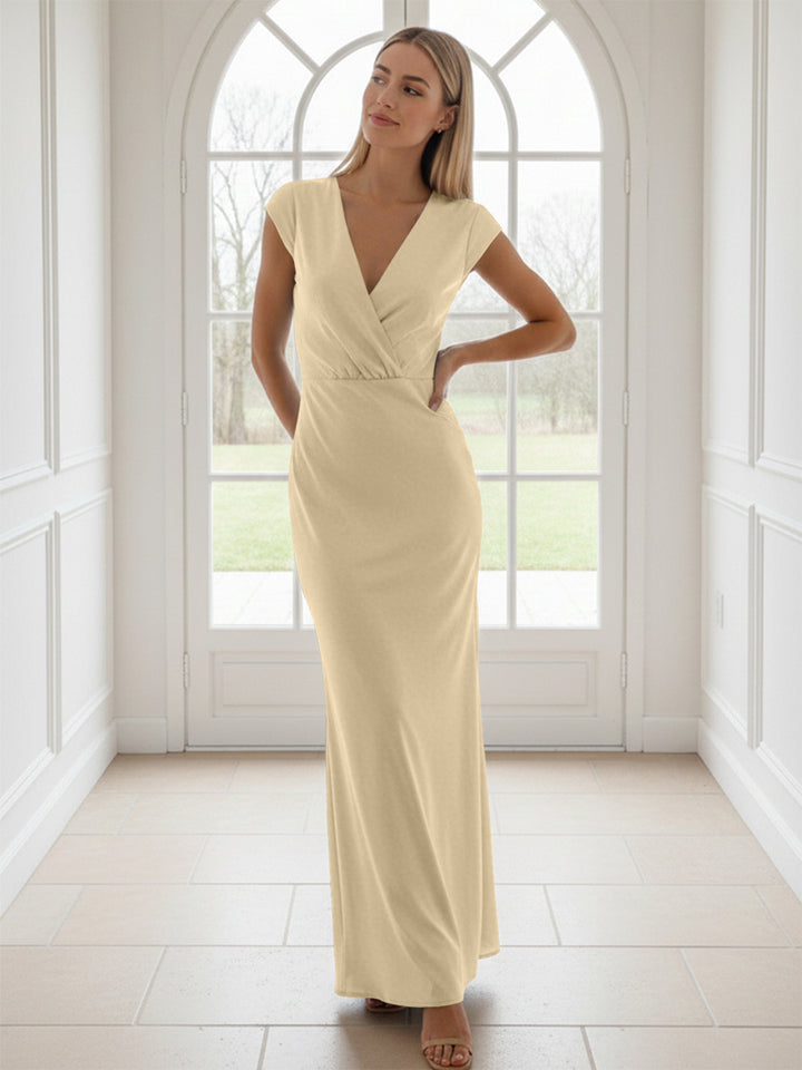 V Neck Short Sleeves Pleated Satin Sheath Formal Dresses